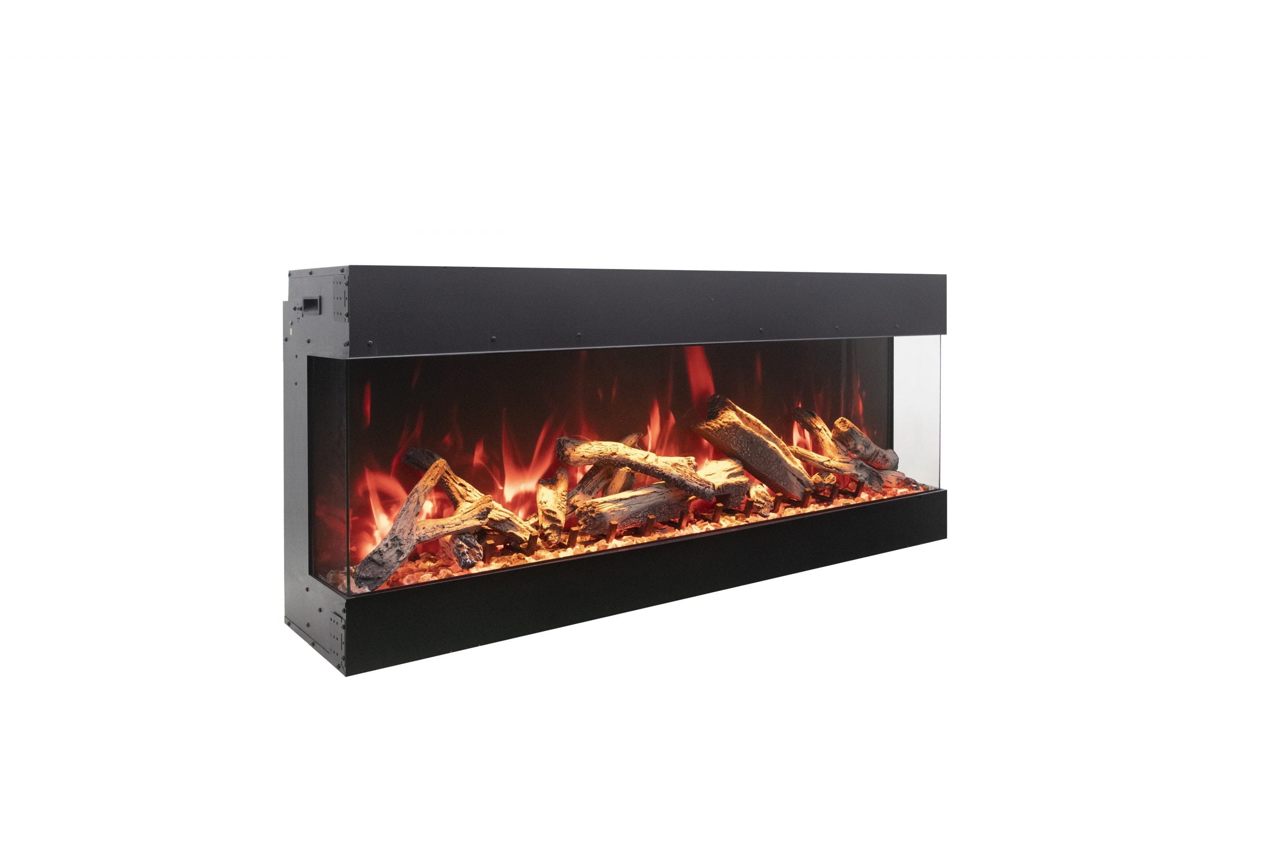 Electric fireplace with glowing logs and flames on a white background