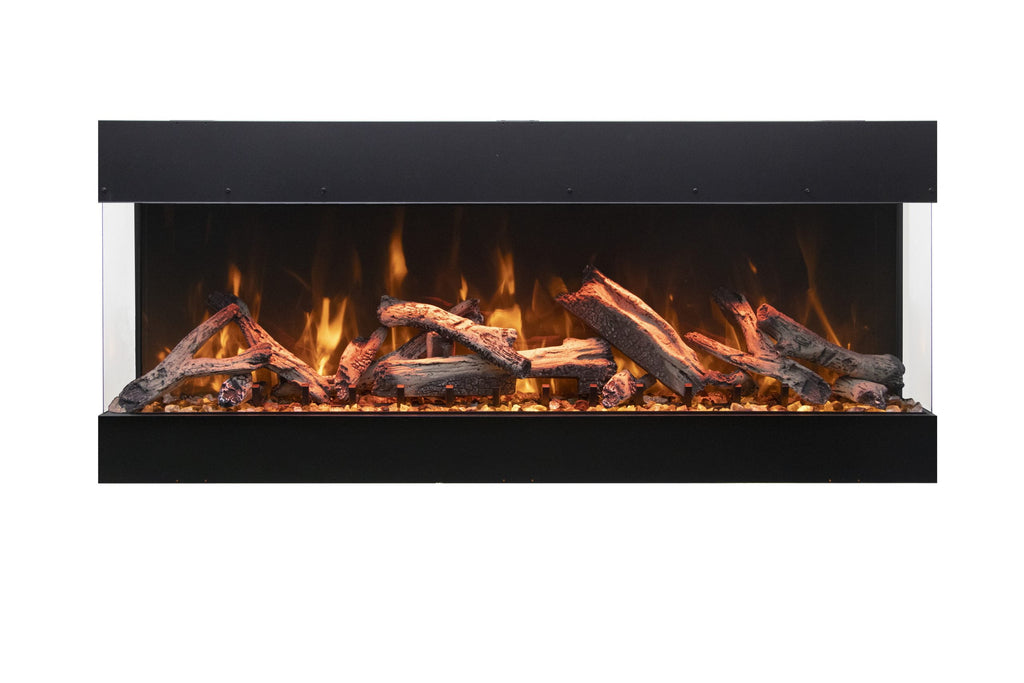 Electric fireplace with logs and flames on a white background