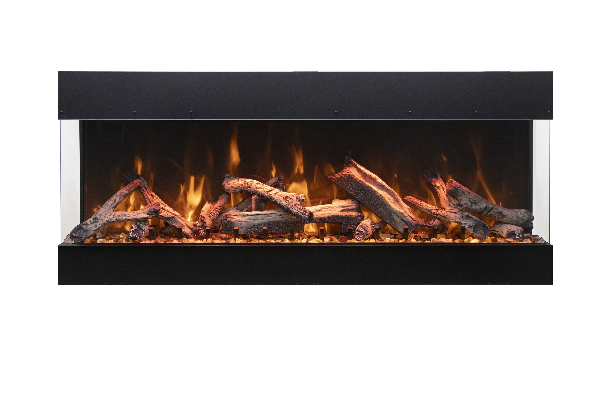 Electric fireplace with logs and flames on a white background