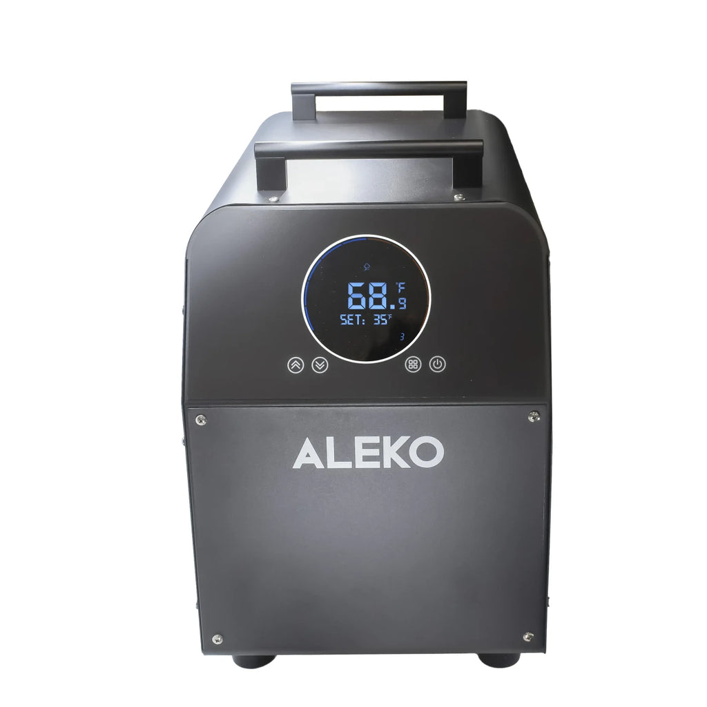 ALEKO dehumidifier with digital display on a white background