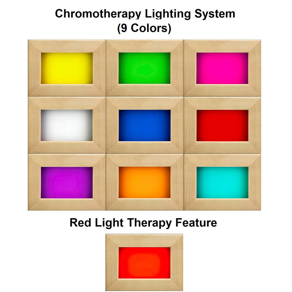 Chromotherapy lighting system with 9 colored boxes and a red light therapy feature.