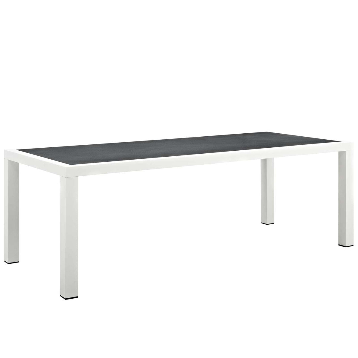 Rectangular table with black top and white legs on a white background