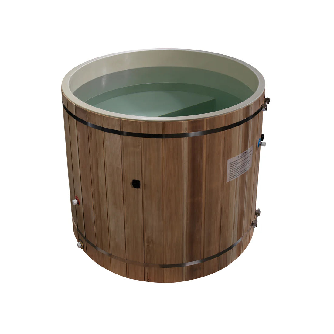 Wooden hot tub with a white interior on a white background