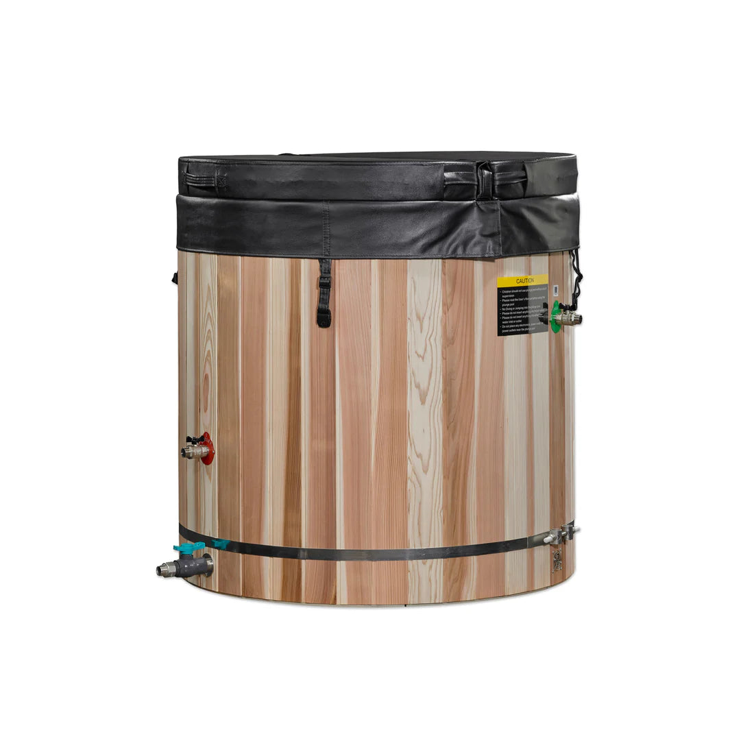 Wooden barrel with black lid and straps on a white background