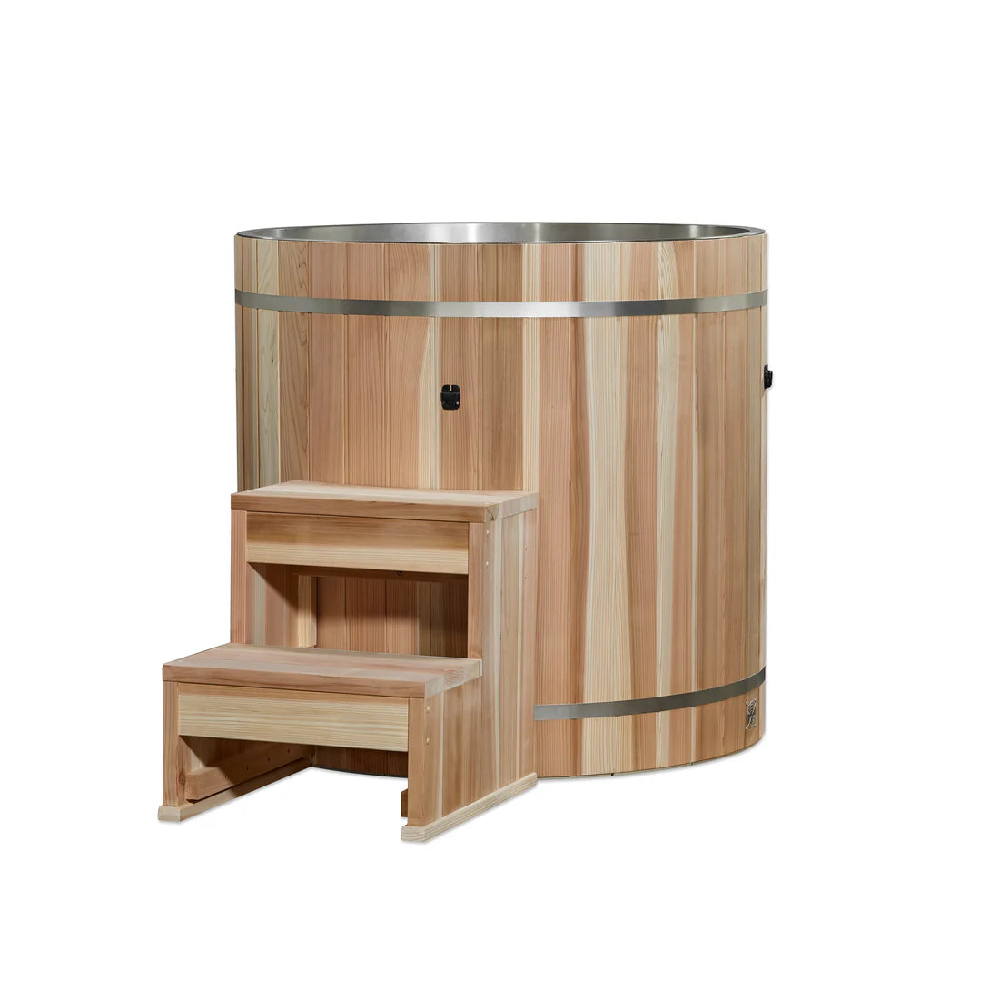 Wooden barrel with steps on a white background