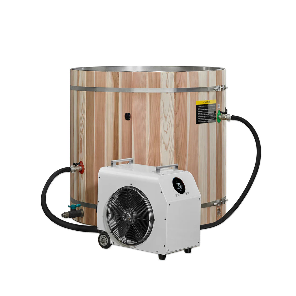 Wooden barrel with a white mechanical unit and hoses on a white background