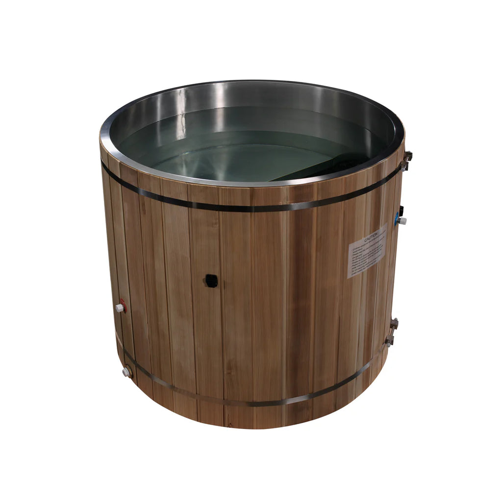 Wooden hot tub with metal interior on a white background