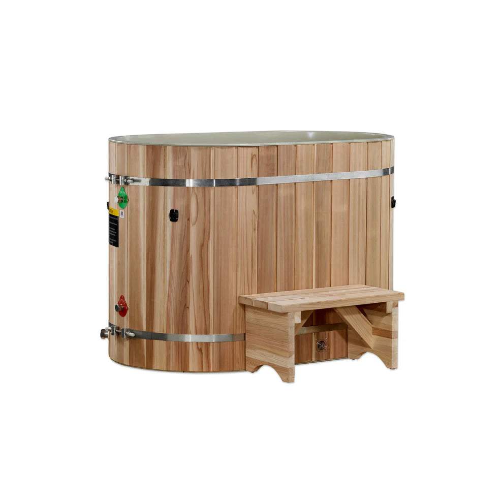 Wooden cold tub with a step on a white background