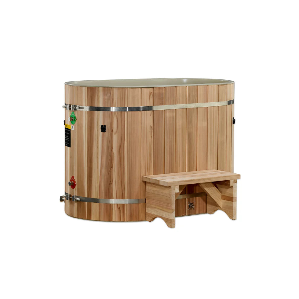 Wooden cold plunge tub with a step on a white background