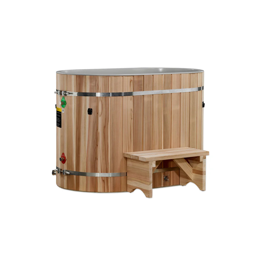 Wooden cold plunge tub with a step on a white background