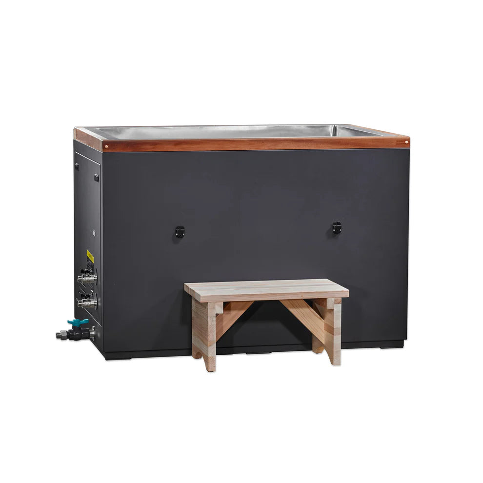 Large rectangular stainless cold plunge tub with wooden top and bench on a white background
