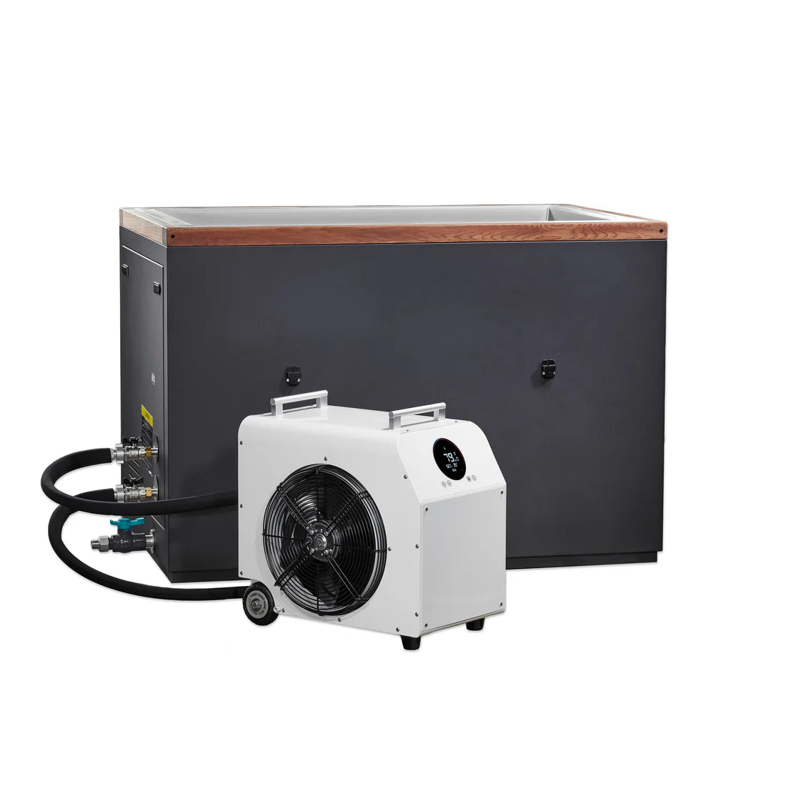 White industrial air mover with black fan and cables in front of a large black rectangular unit on a white background.