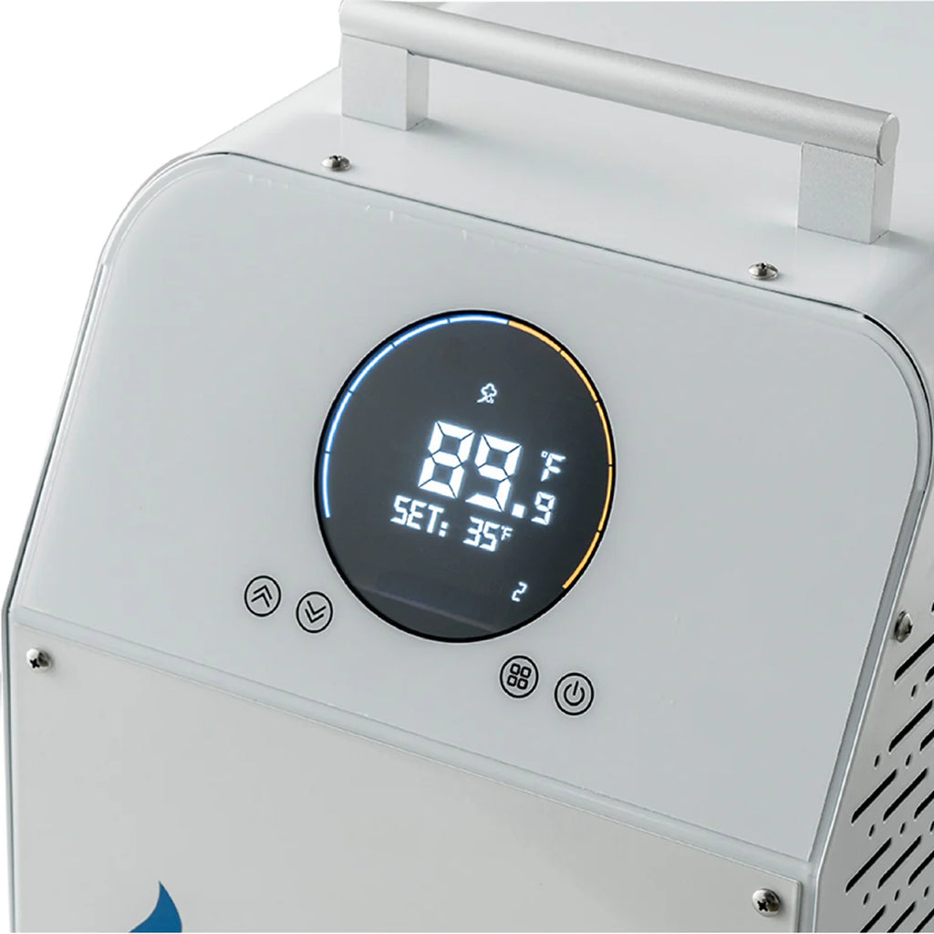 Digital temperature display on a white appliance with control buttons.