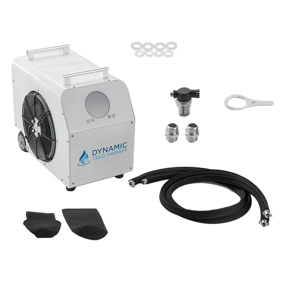 Cold therapy machine with accessories on a white background, featuring the brand 'Dynamic'.