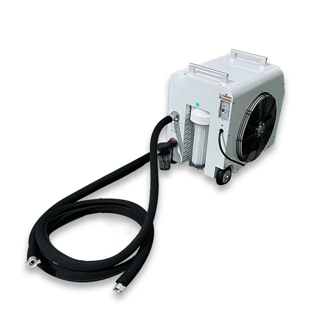 White industrial machine with black hose on a white background