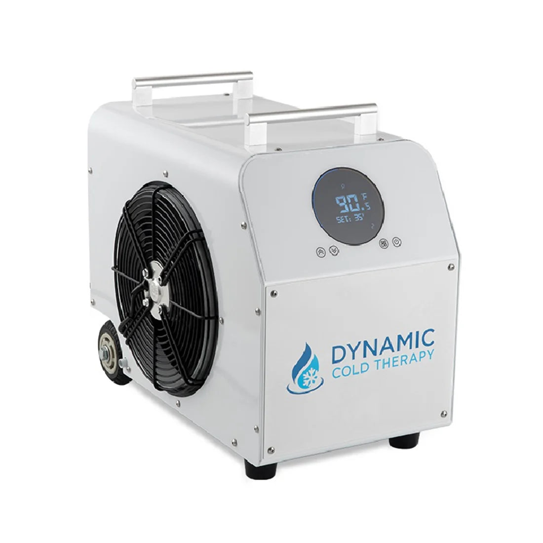 Cold therapy machine with digital display and fan on a white background, branded 'Dynamic Cold Therapy'.