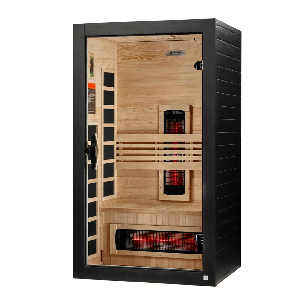 Infrared sauna with wooden interior and black exterior on a white background