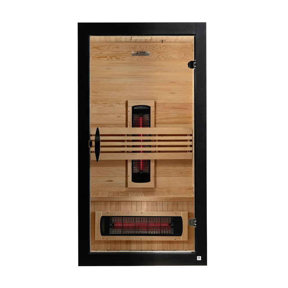 Wooden sauna door with infrared heating elements on a white background