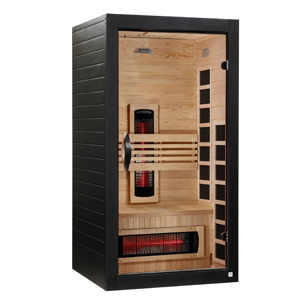 Infrared sauna with black exterior and wooden interior on a white background