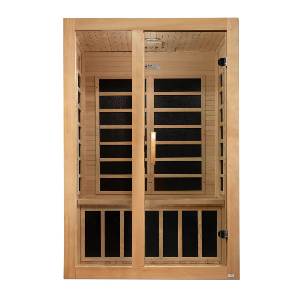 Wooden sauna with glass panels on a white background