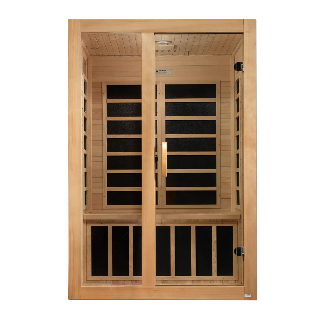 Wooden sauna with glass panels on a white background