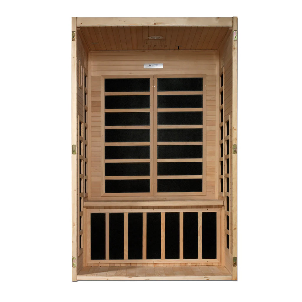 Wooden sauna with glass panels on a white background