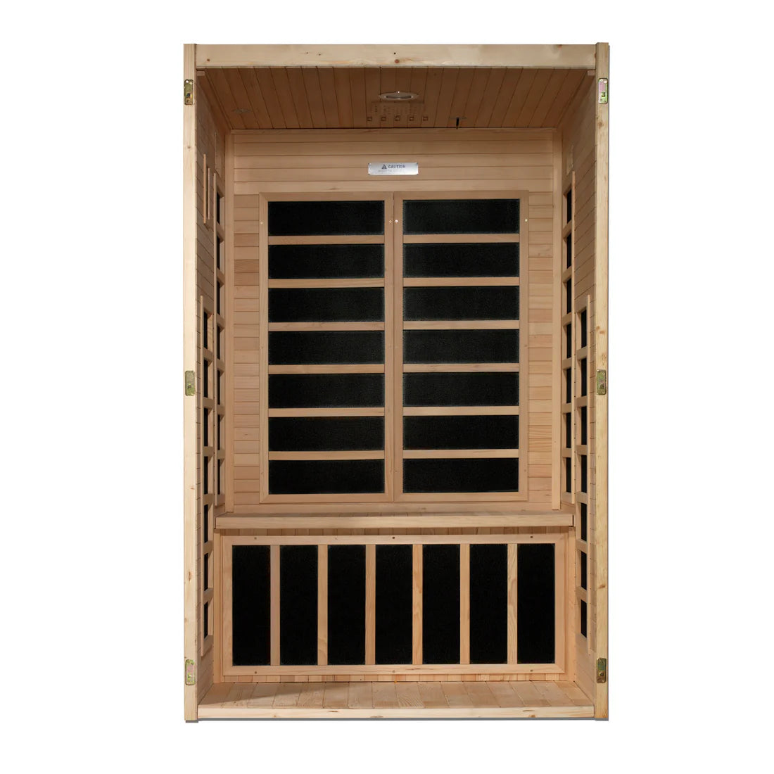 Wooden sauna with glass panels on a white background