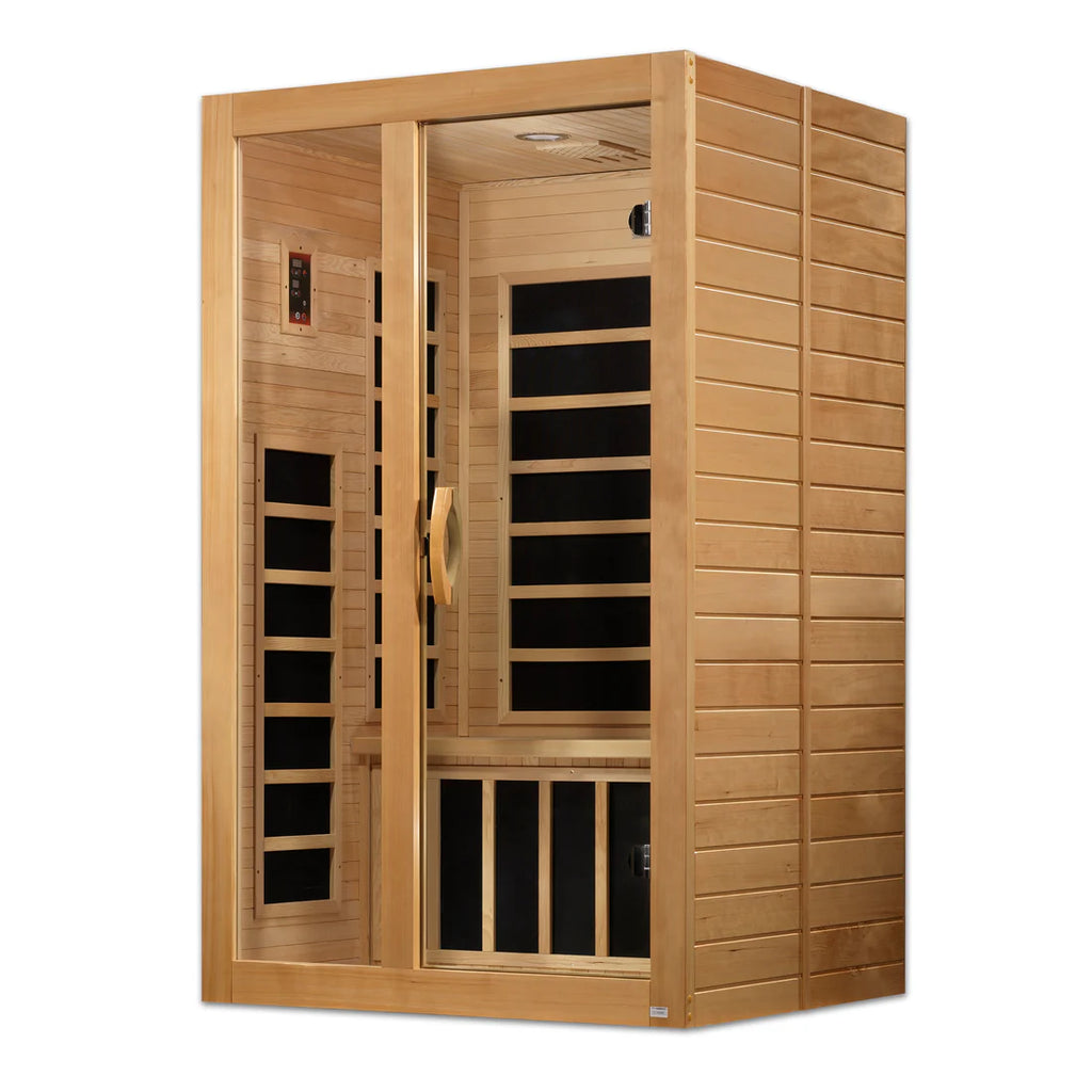 Wooden sauna with glass door on a white background
