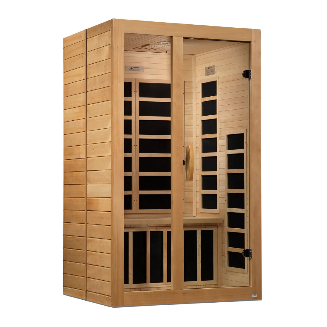 Wooden sauna with glass panels on a white background