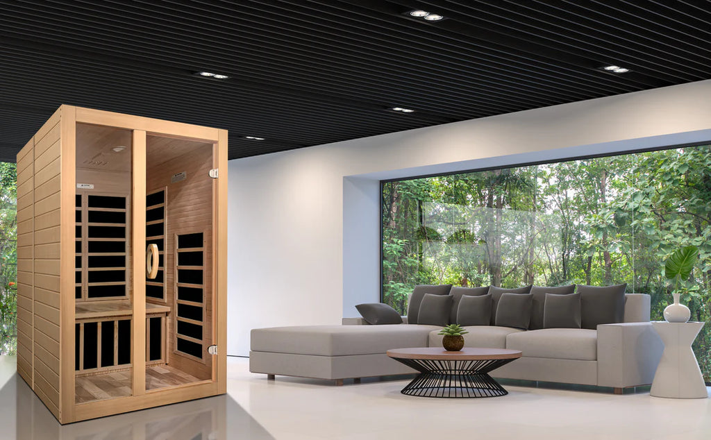 Infrared sauna in a modern living room with a large window view.