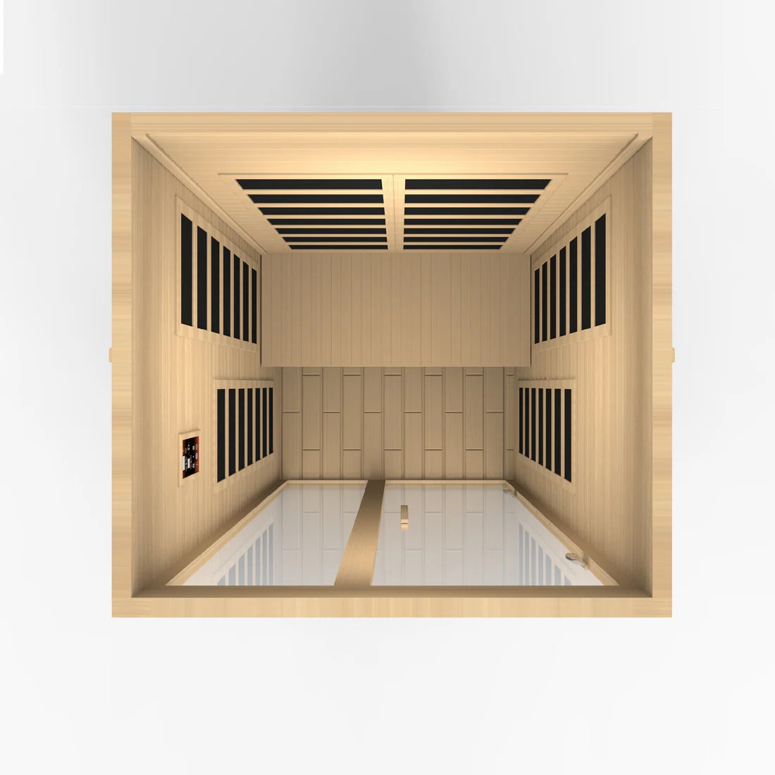 Wooden sauna with white floor and black ceiling vents on a white background