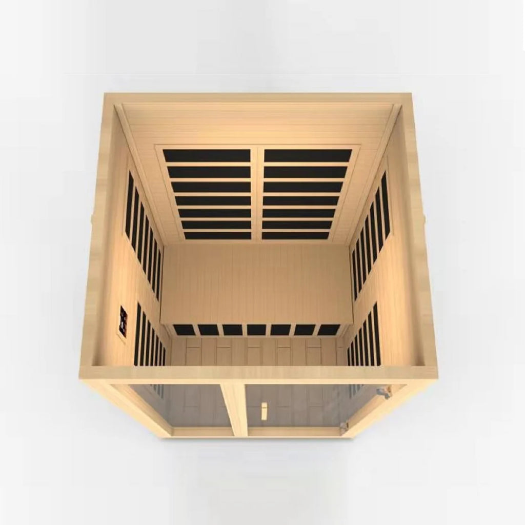 Wooden sauna with black interior on a white background