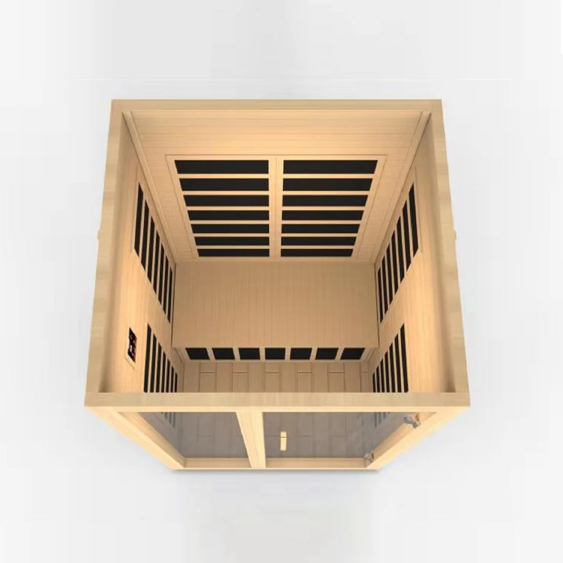 Wooden sauna with black interior on a white background