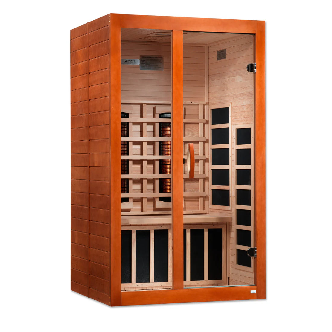 Wooden sauna with orange frame on a white background