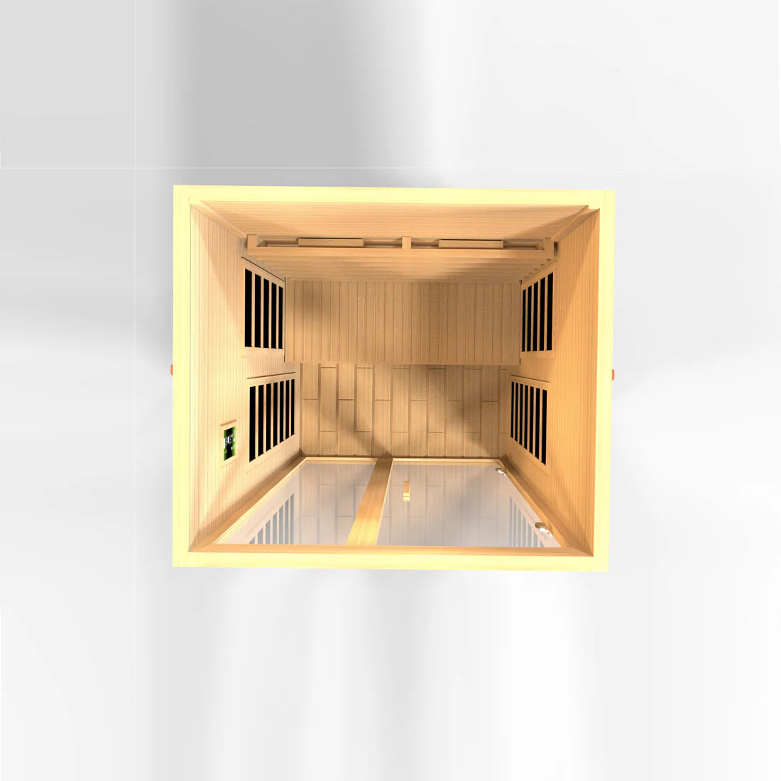Wooden sauna with glass doors on a white background
