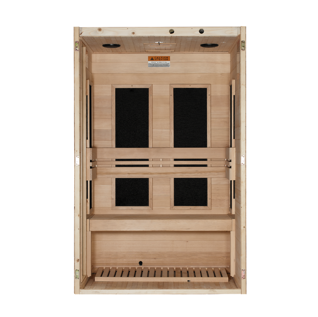 Wooden sauna with four black glass panels on a white background