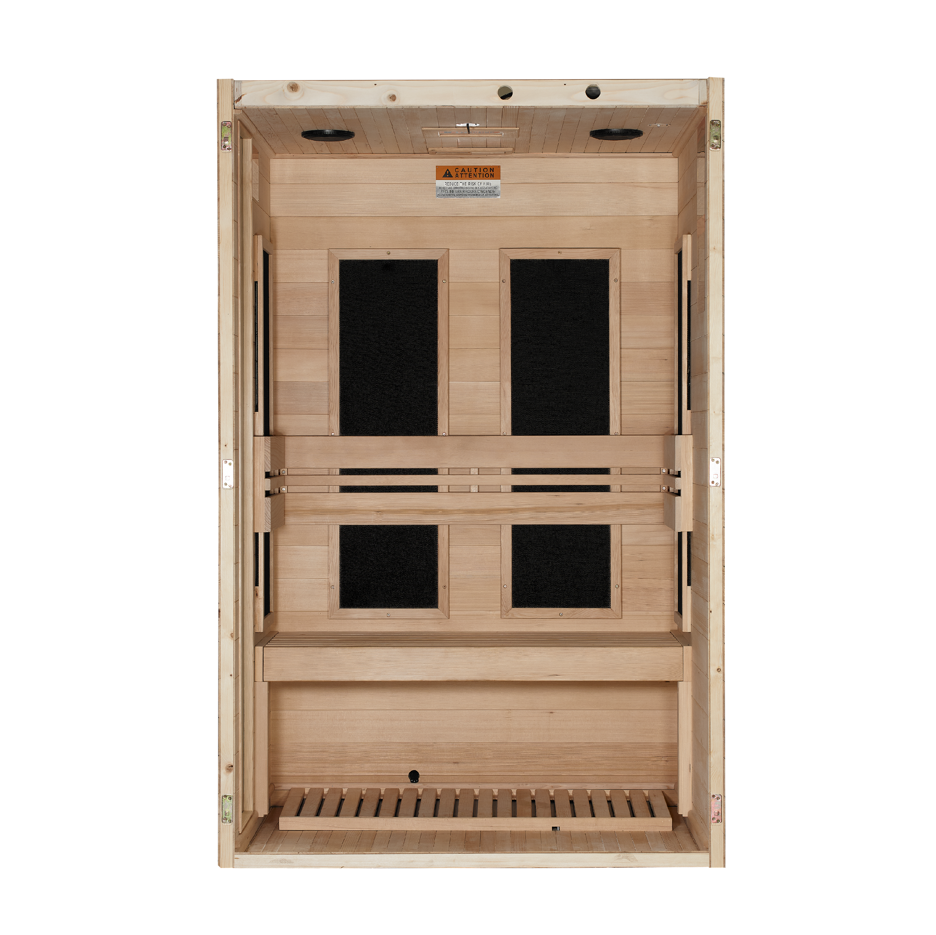 Wooden sauna with four black glass panels on a white background