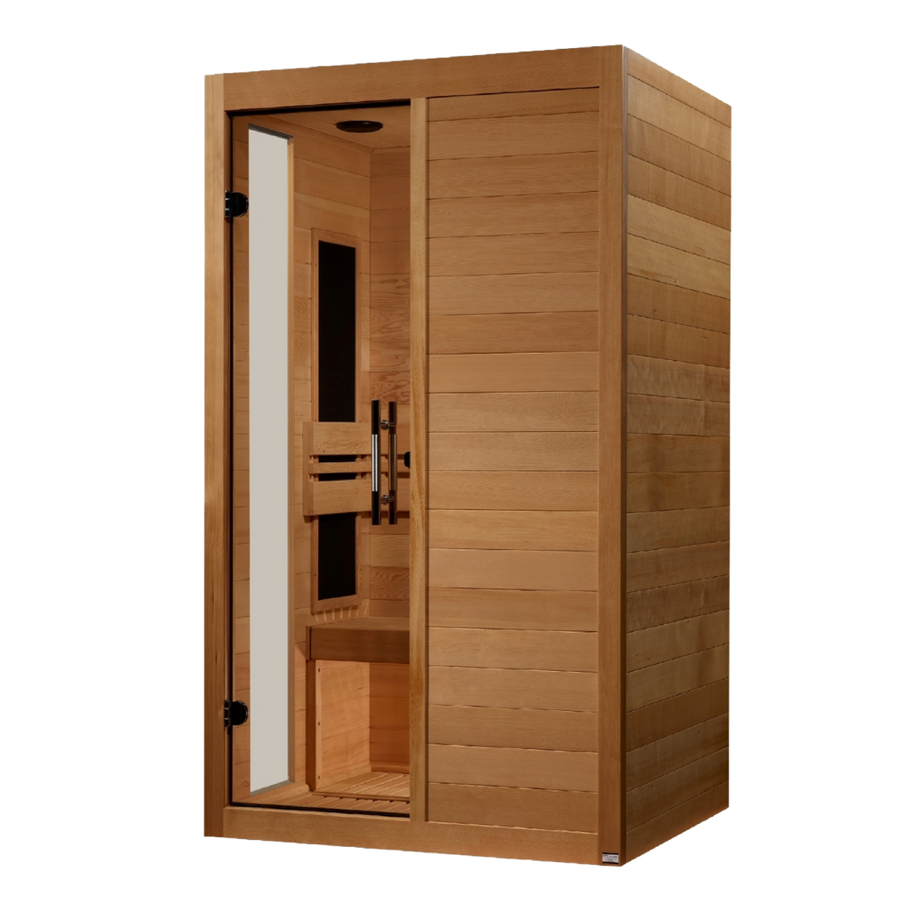 Wooden sauna with open door on a white background