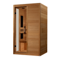 Wooden sauna with open door on a white background