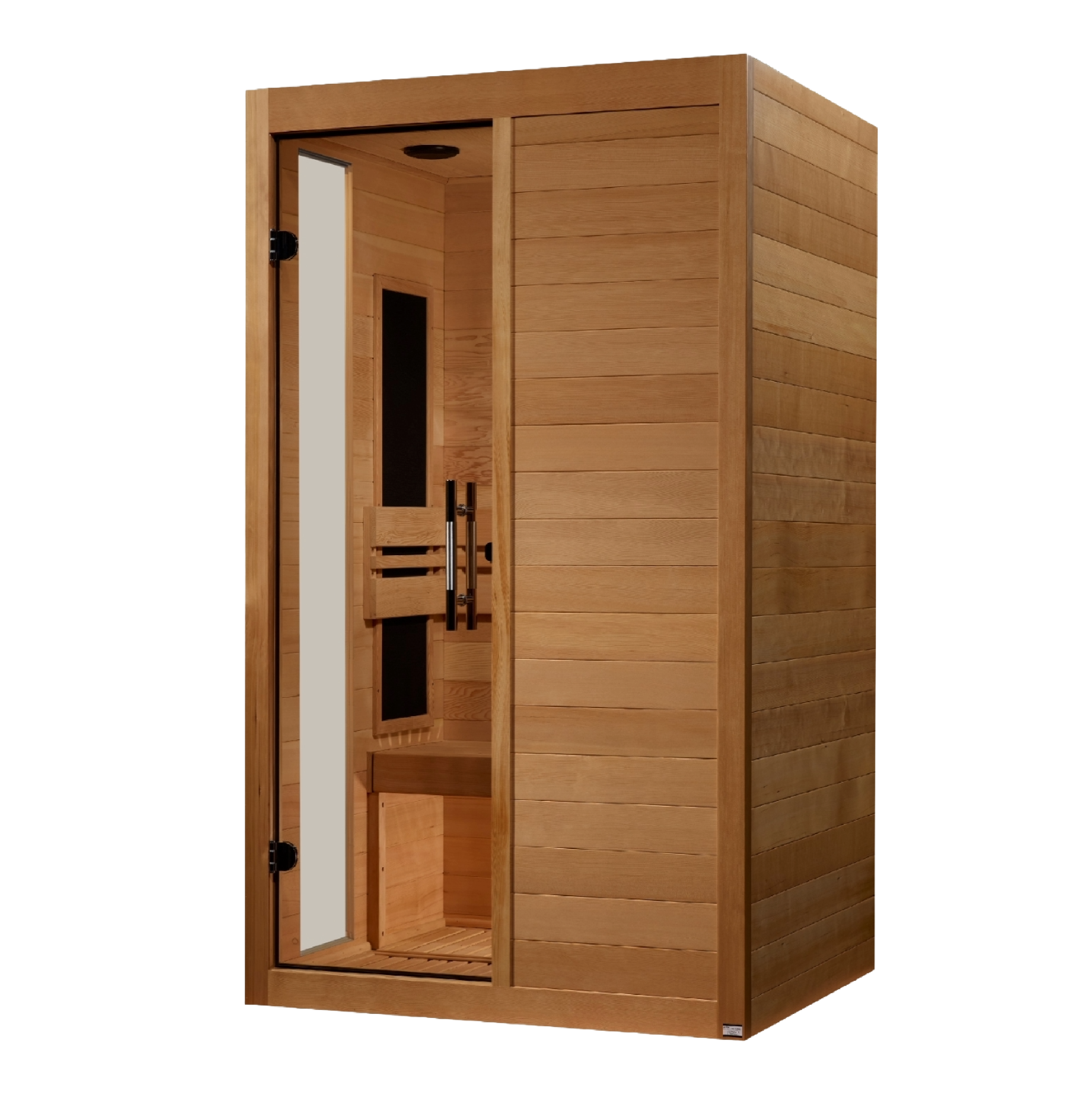 Wooden sauna with open door on a white background