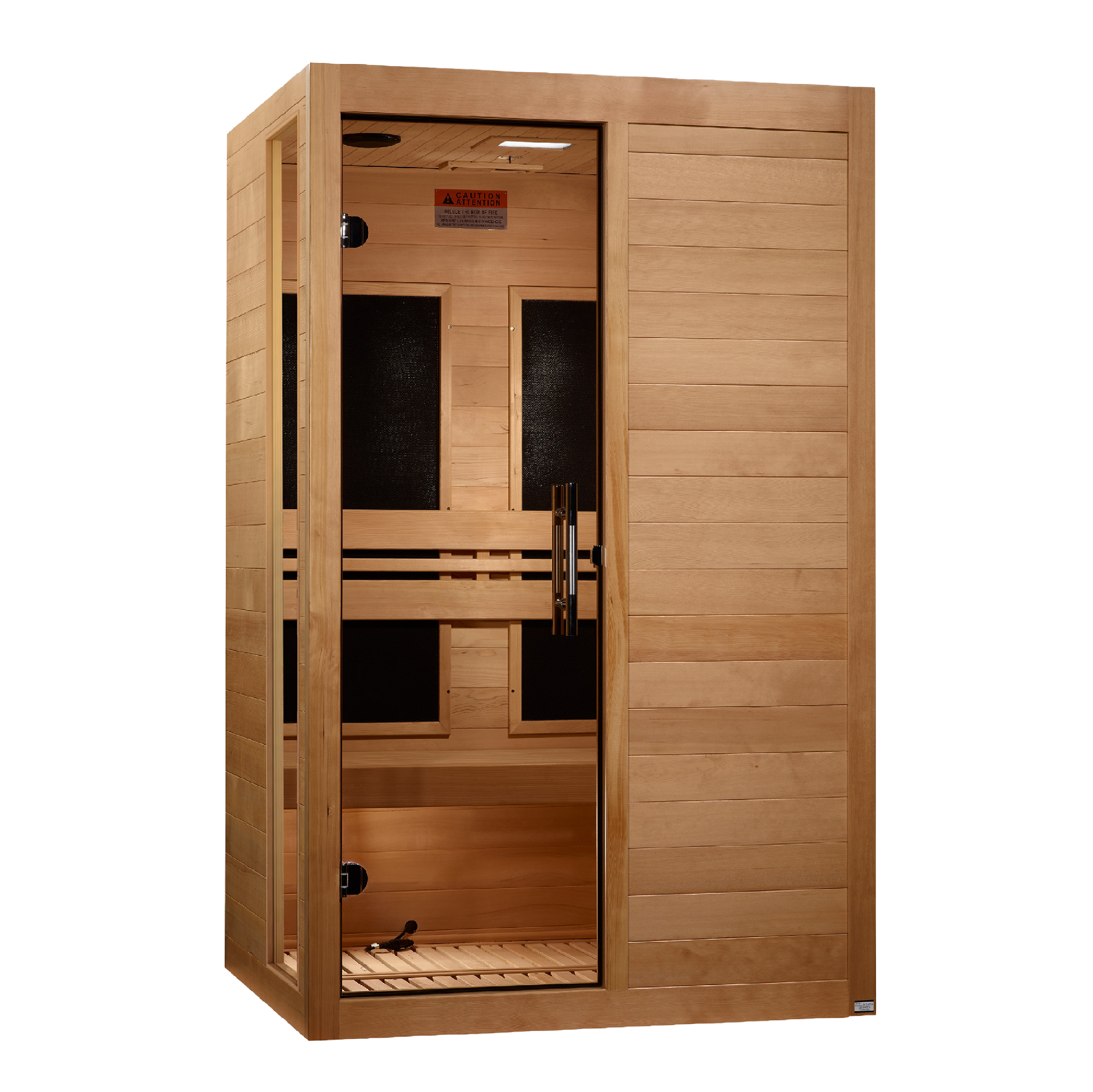 Wooden sauna with glass doors on a white background