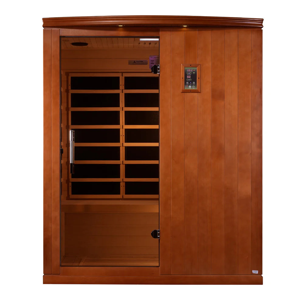 Wooden sauna with glass door on a white background