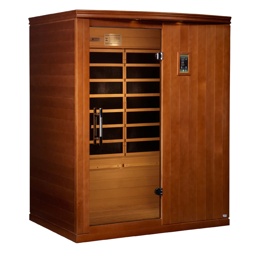Wooden sauna with glass door on a white background