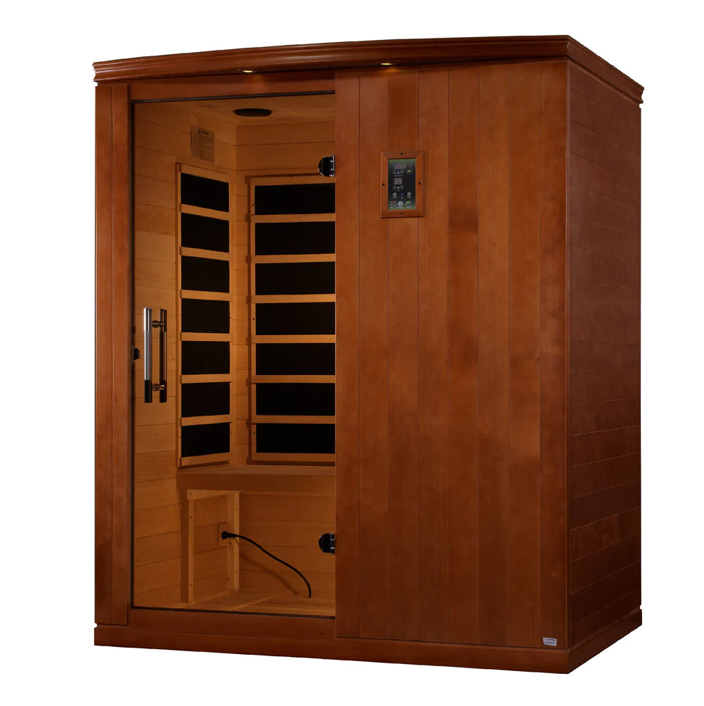 Wooden infrared sauna with glass door on a white background