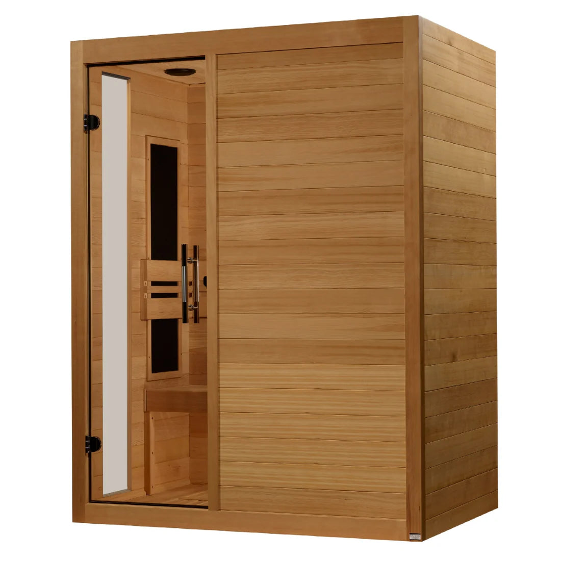 Wooden sauna with a glass door on a white background
