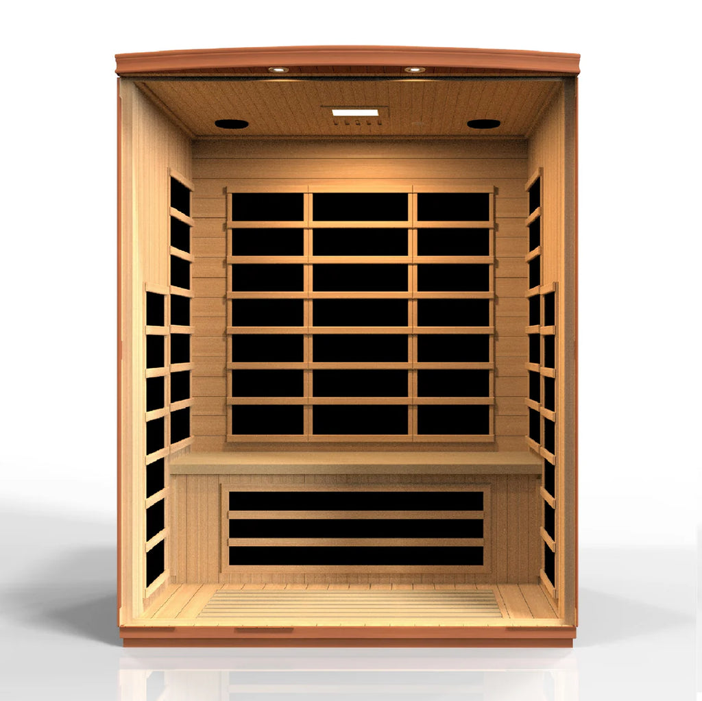 Wooden sauna with glass panels on a white background