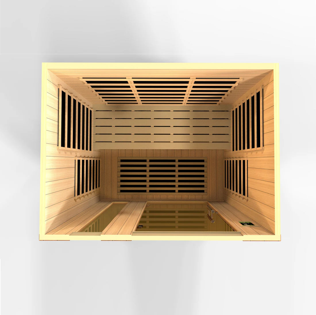 Wooden sauna interior with light wood finish on a white background