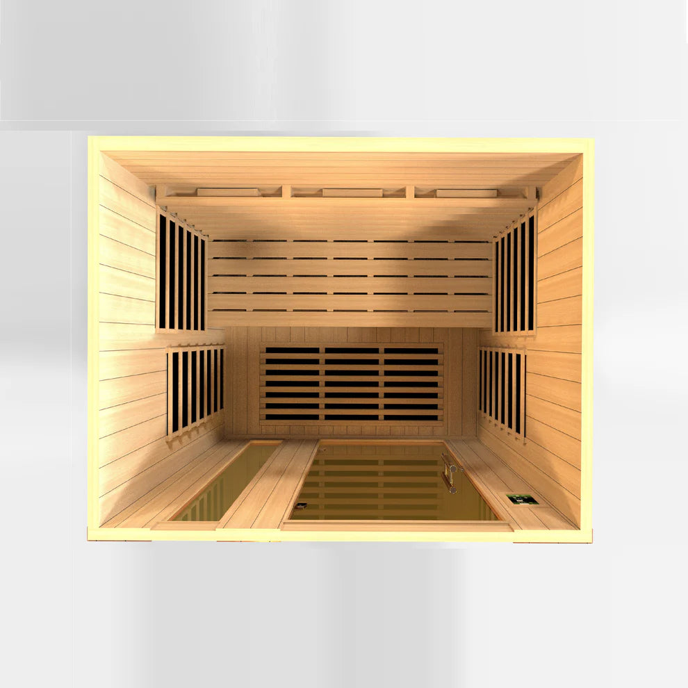 Wooden sauna interior with light wood paneling and a white background