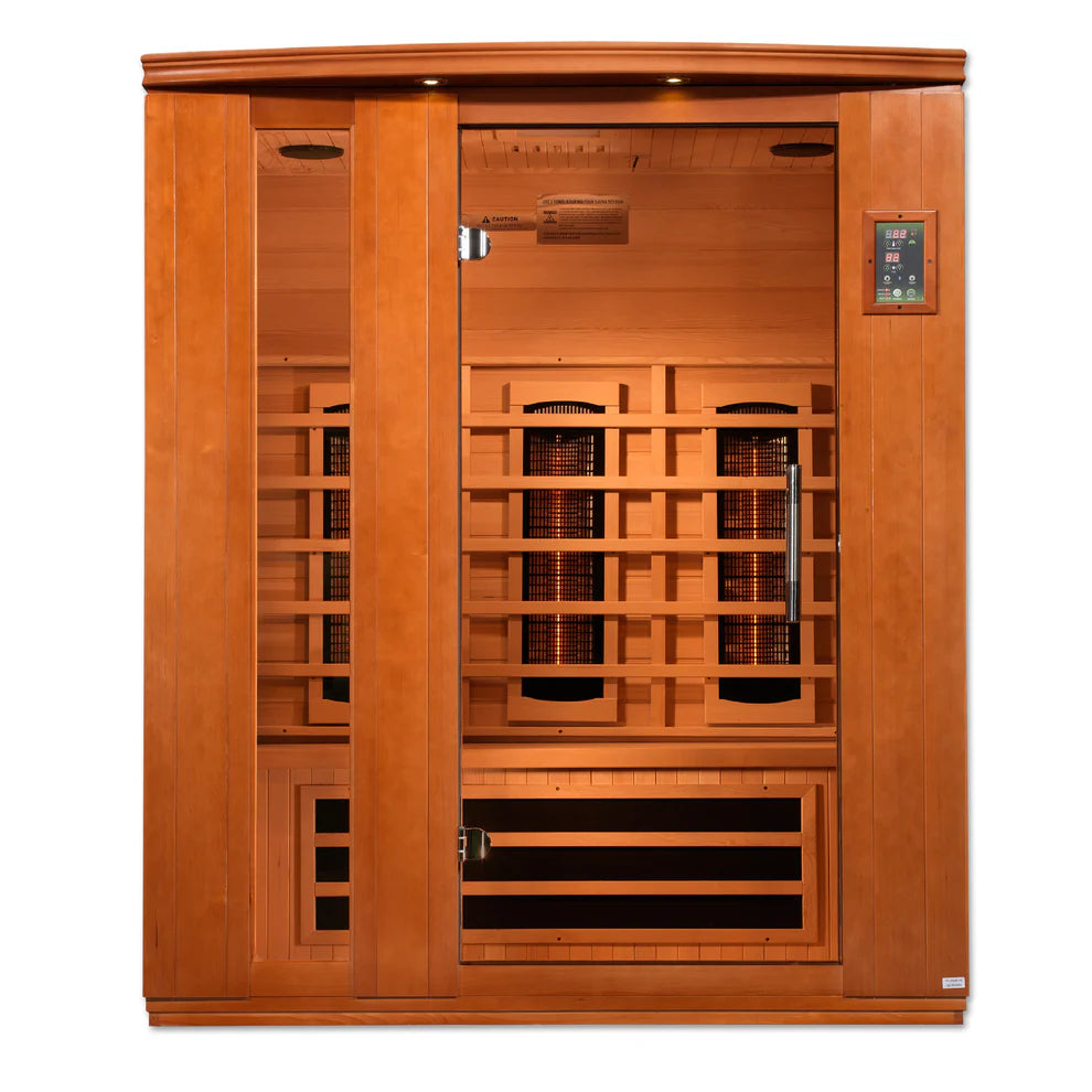 Wooden sauna with glass door on a white background
