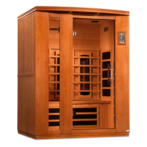 Wooden infrared sauna with open door on a white background